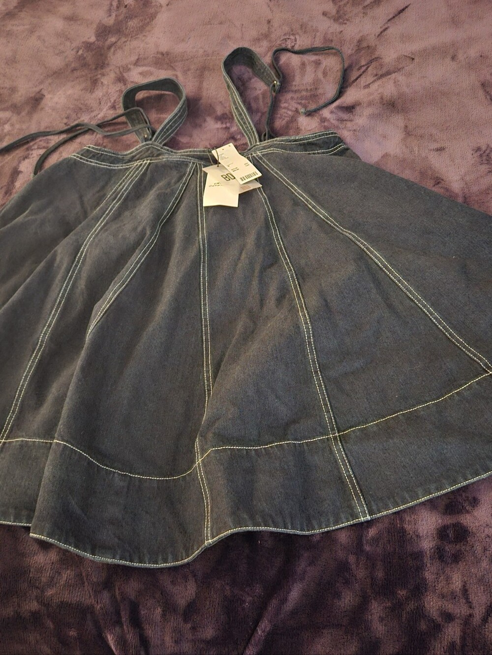 Denim A-Line Babydoll Dress with Contrast Stitching - Dark Blue